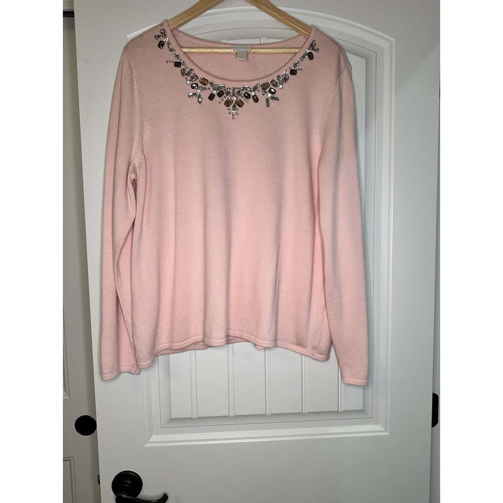Chico's Belle Veranda Blush Jewel Embellished Pullover Sweater, Long‎ Slv, 3